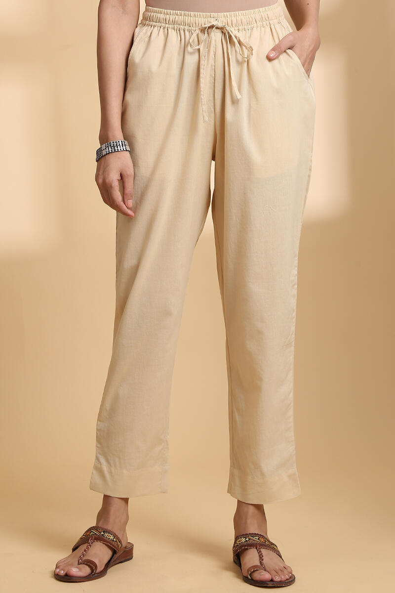 Beige Handcrafted Narrow Cotton Pants
