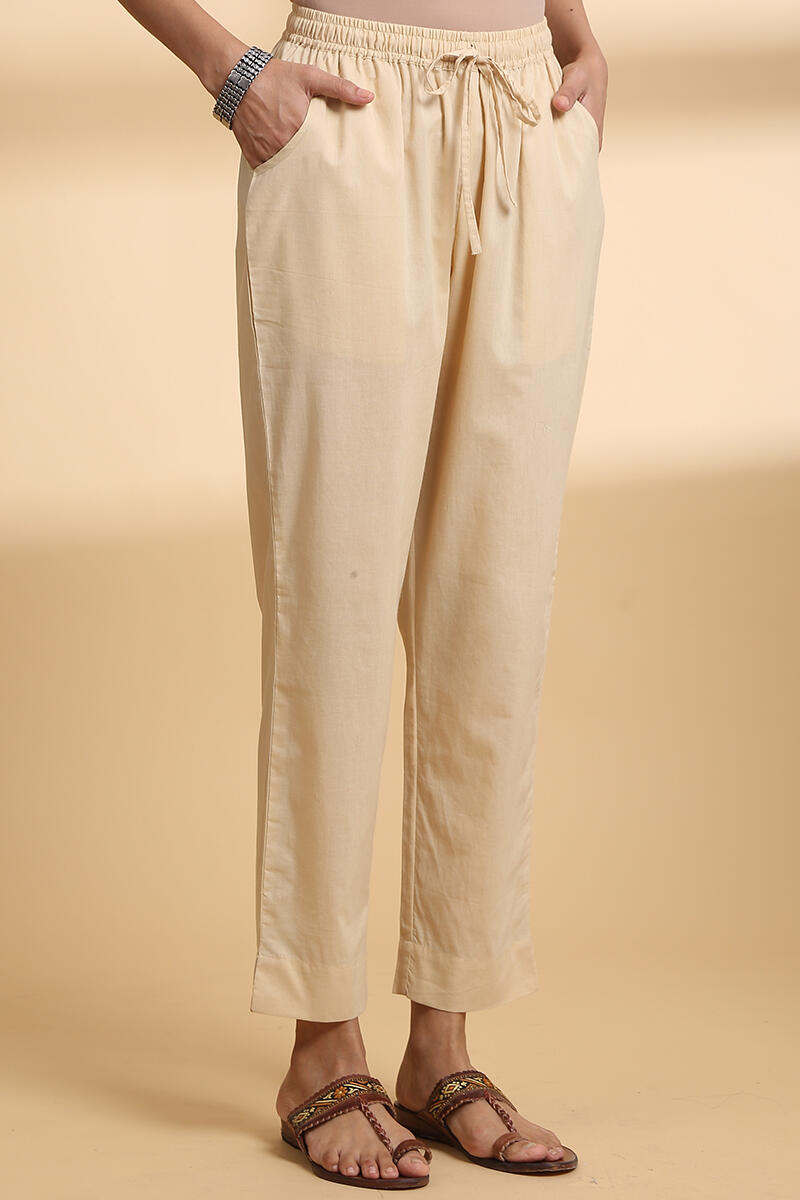 Beige Handcrafted Narrow Cotton Pants