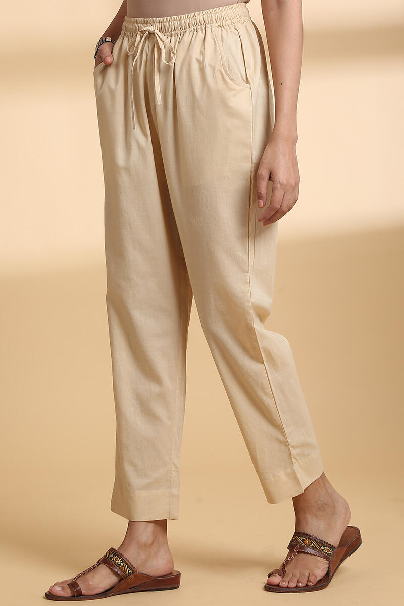 Beige Handcrafted Narrow Cotton Pants