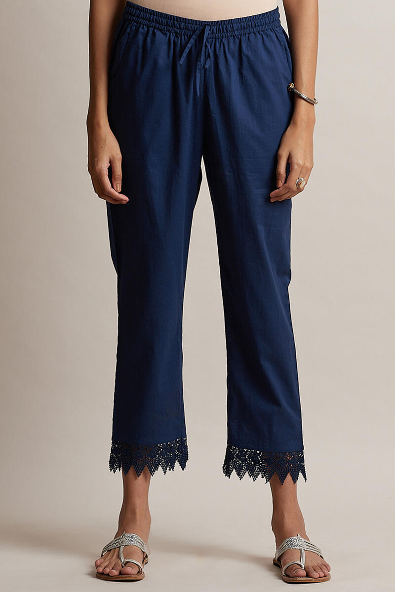 Blue Block Printed Cotton Narrow Pants