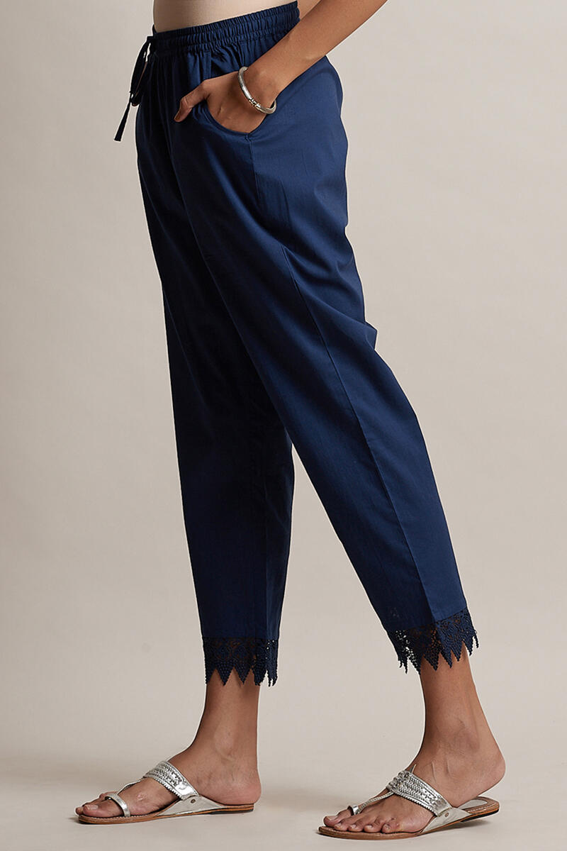 Blue Block Printed Cotton Narrow Pants