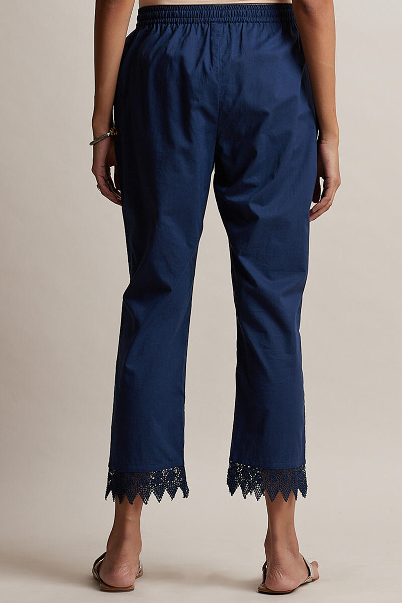 Blue Block Printed Cotton Narrow Pants