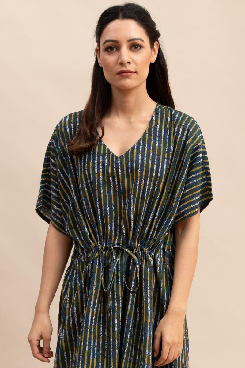 Blue Block Printed Cotton Short Kaftan