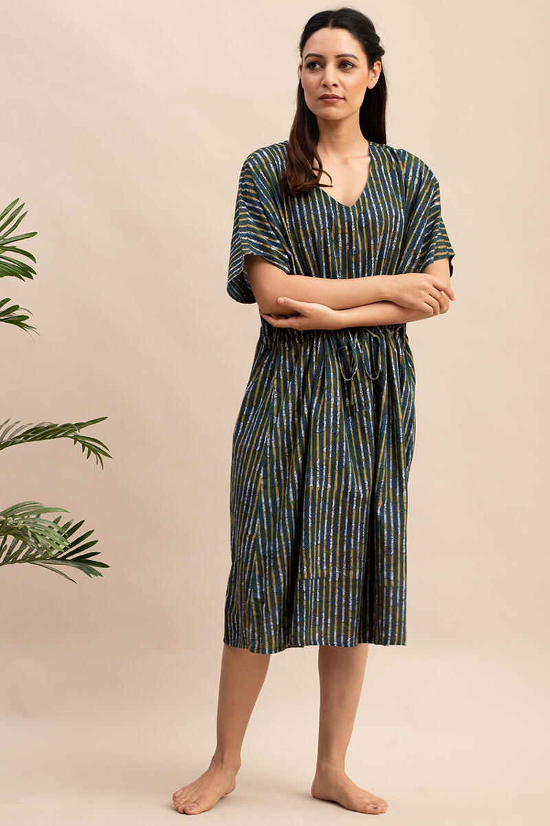 Blue Block Printed Cotton Short Kaftan