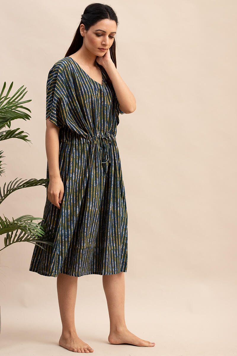 Blue Block Printed Cotton Short Kaftan