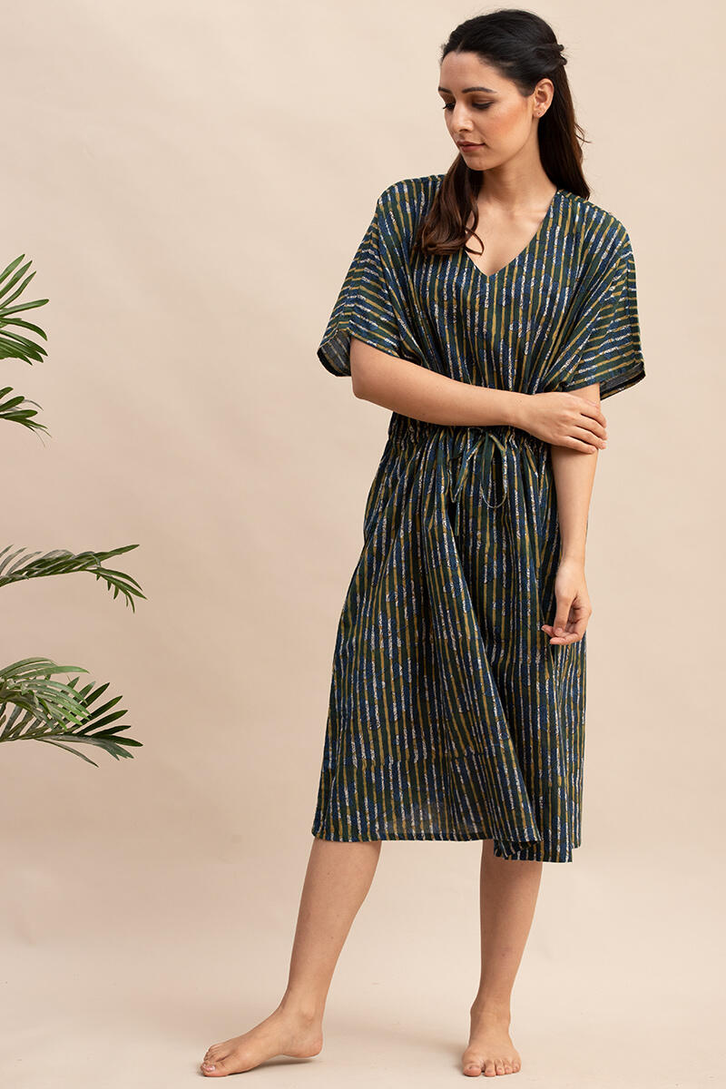 Blue Block Printed Cotton Short Kaftan