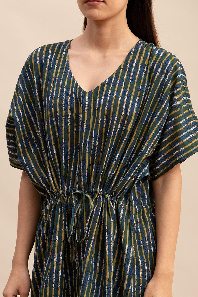 Blue Block Printed Cotton Short Kaftan