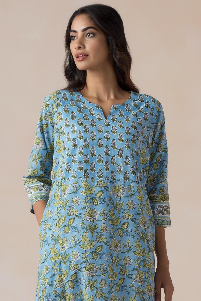 Blue Block Printed Cotton Kaftan
