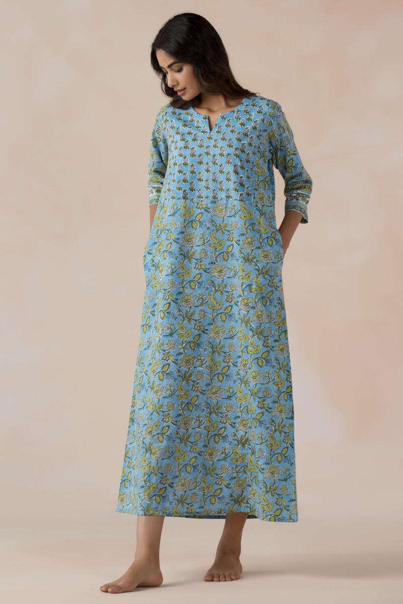 Blue Block Printed Cotton Kaftan