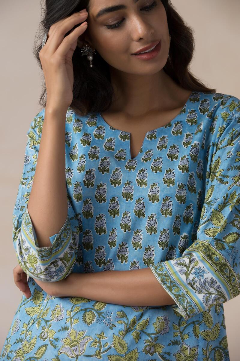 Blue Block Printed Cotton Kaftan