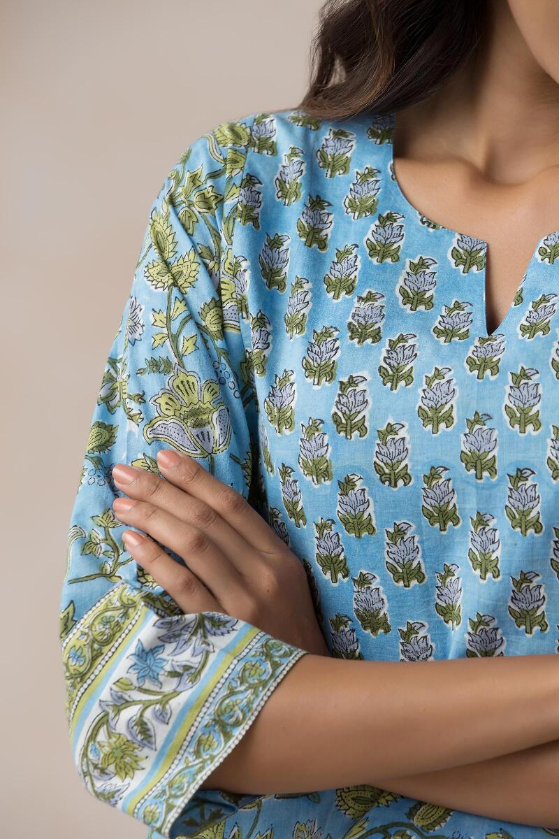 Blue Block Printed Cotton Kaftan