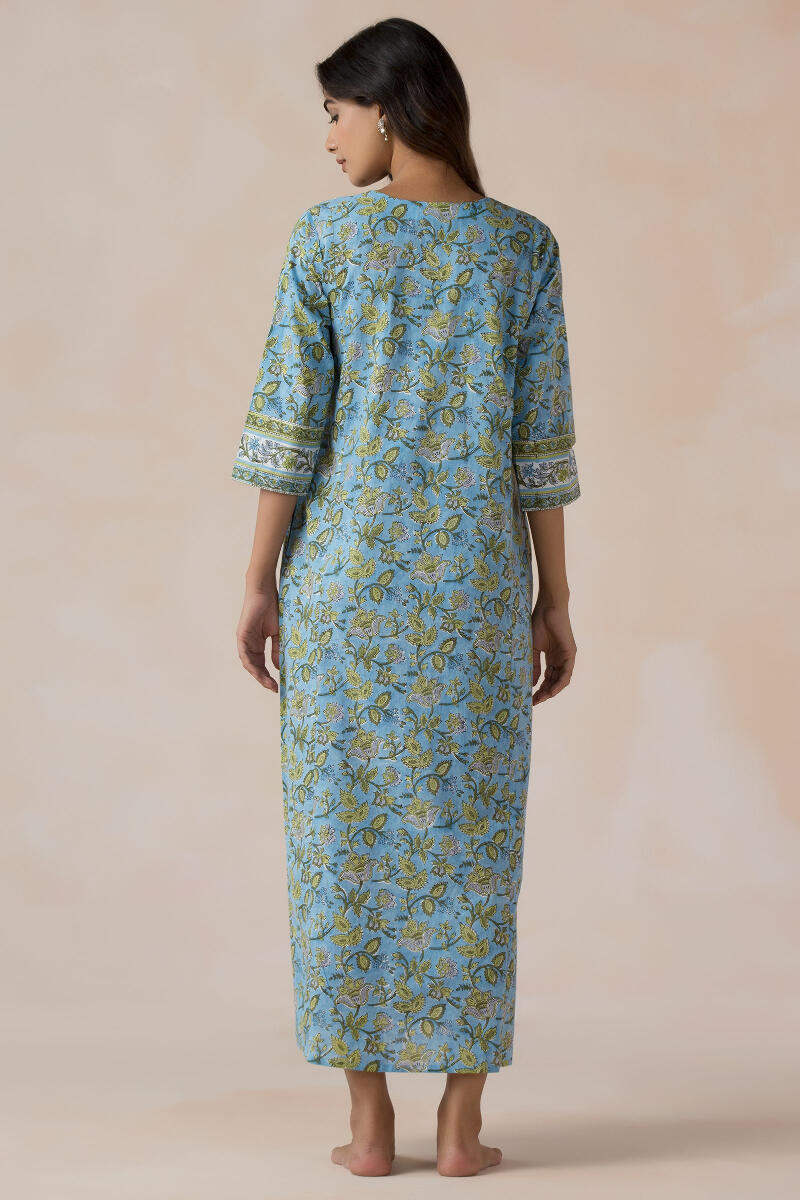 Blue Block Printed Cotton Kaftan