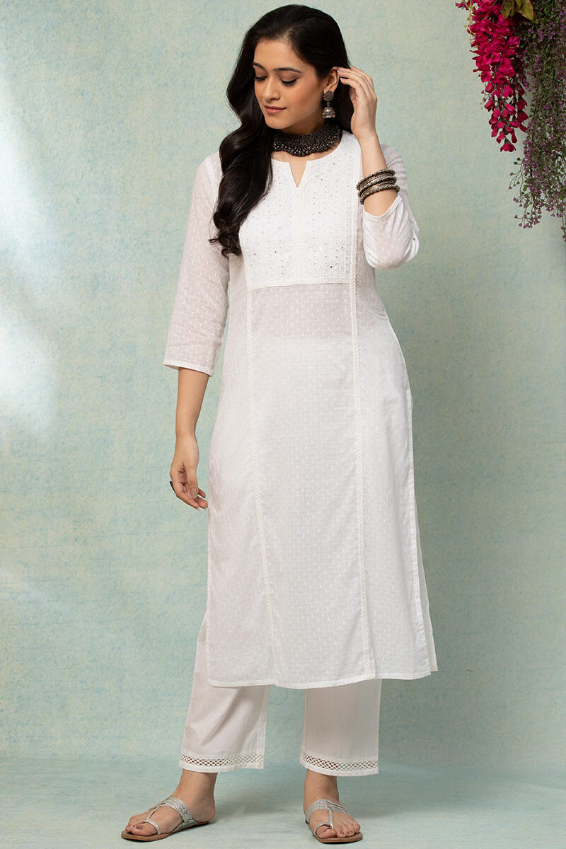 White Handcrafted Straight Cotton Kurta