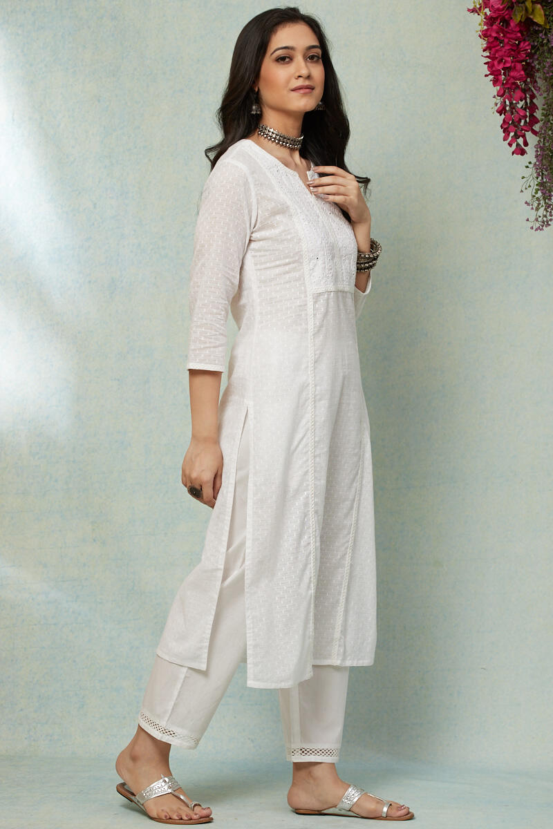 White Handcrafted Straight Cotton Kurta