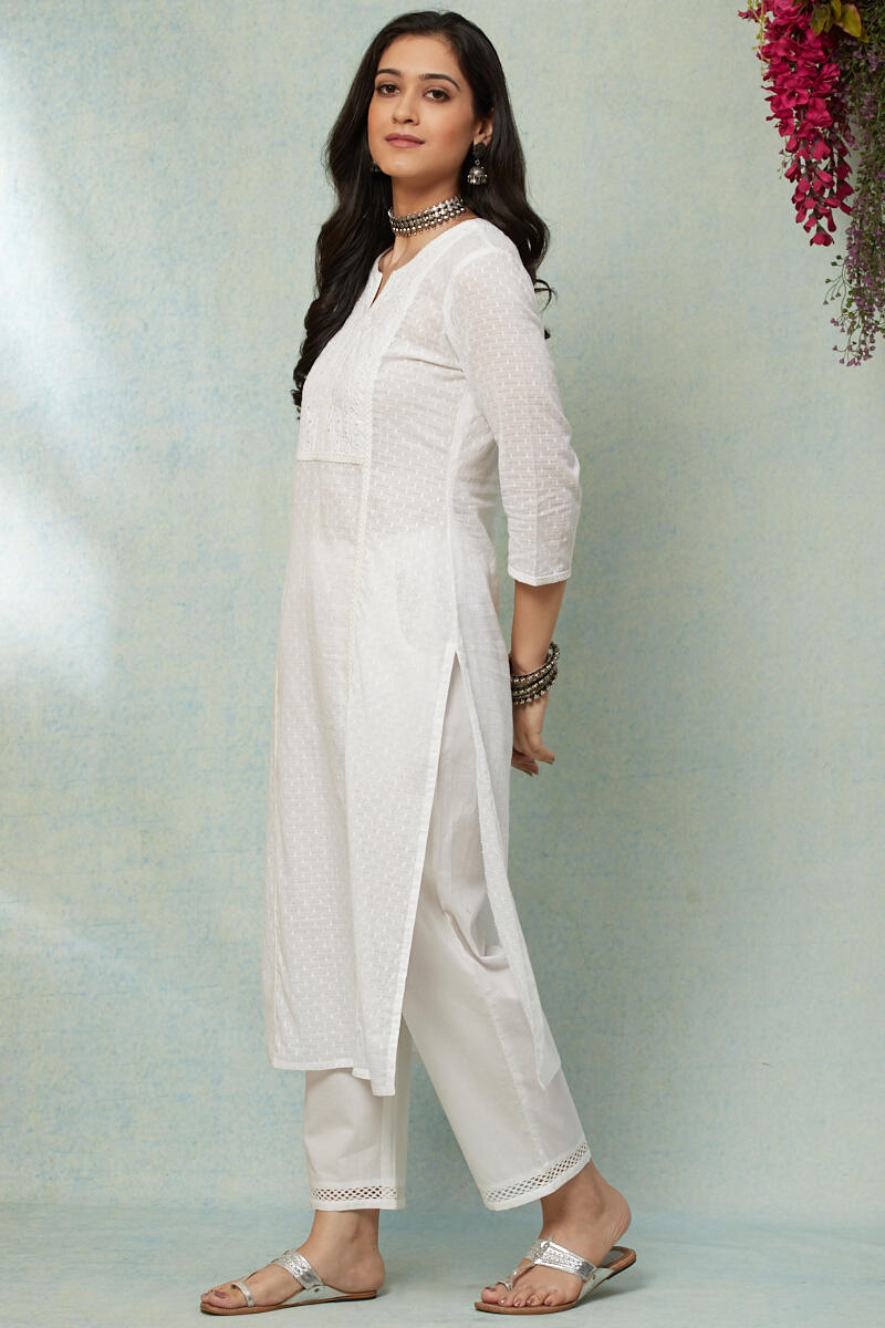 White Handcrafted Straight Cotton Kurta