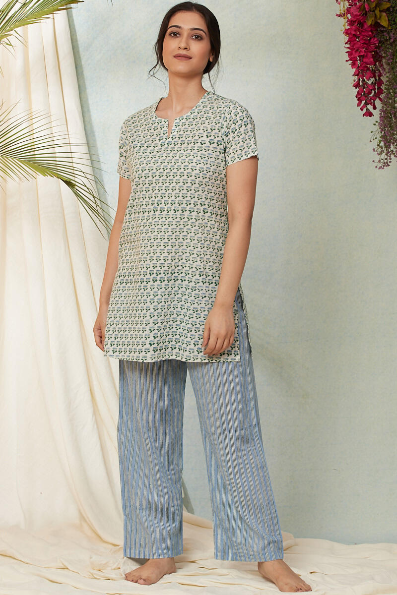Buy Off White Block Printed Cotton Nightsuit Set FGNSET19 10 Farida Gupta