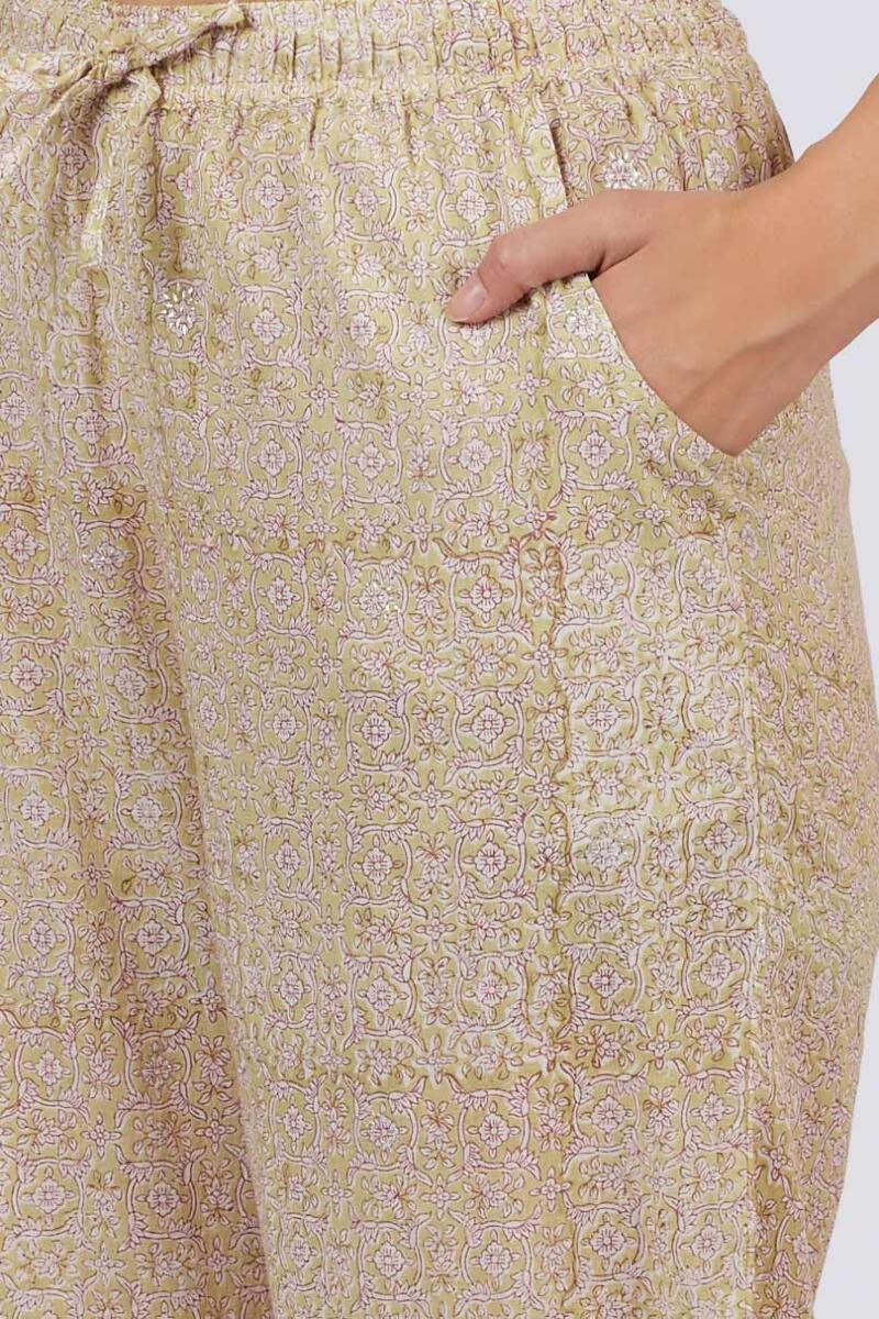 Green Block Printed Cotton Farsi Pants