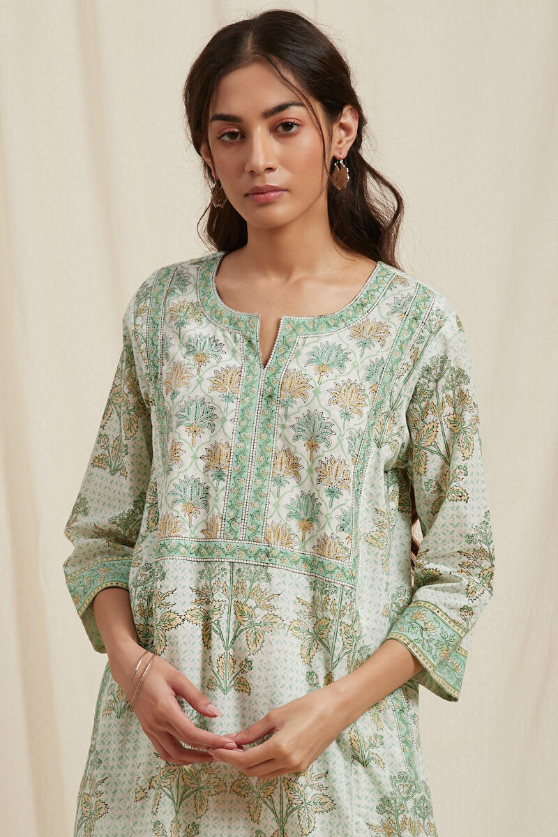 Green Block Printed Cotton Kaftan