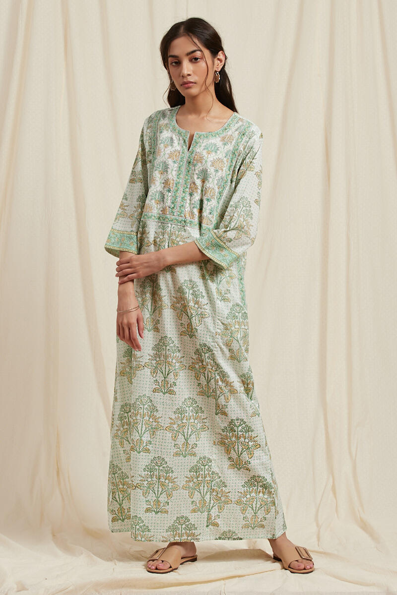 Green Block Printed Cotton Kaftan