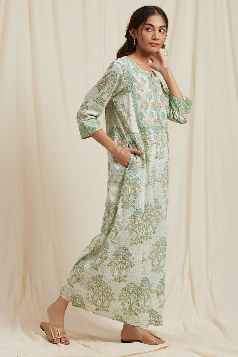 Green Block Printed Cotton Kaftan