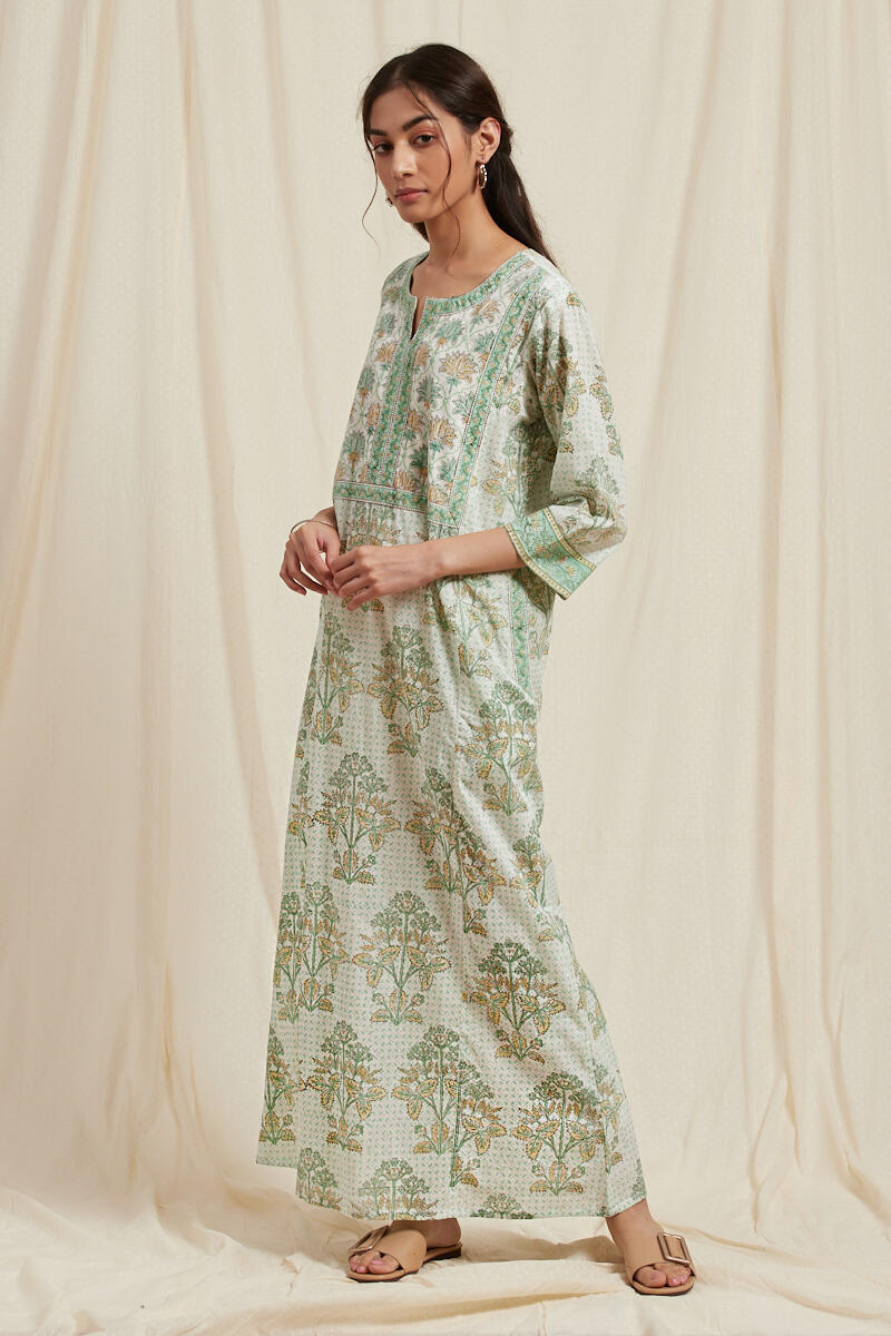 Green Block Printed Cotton Kaftan