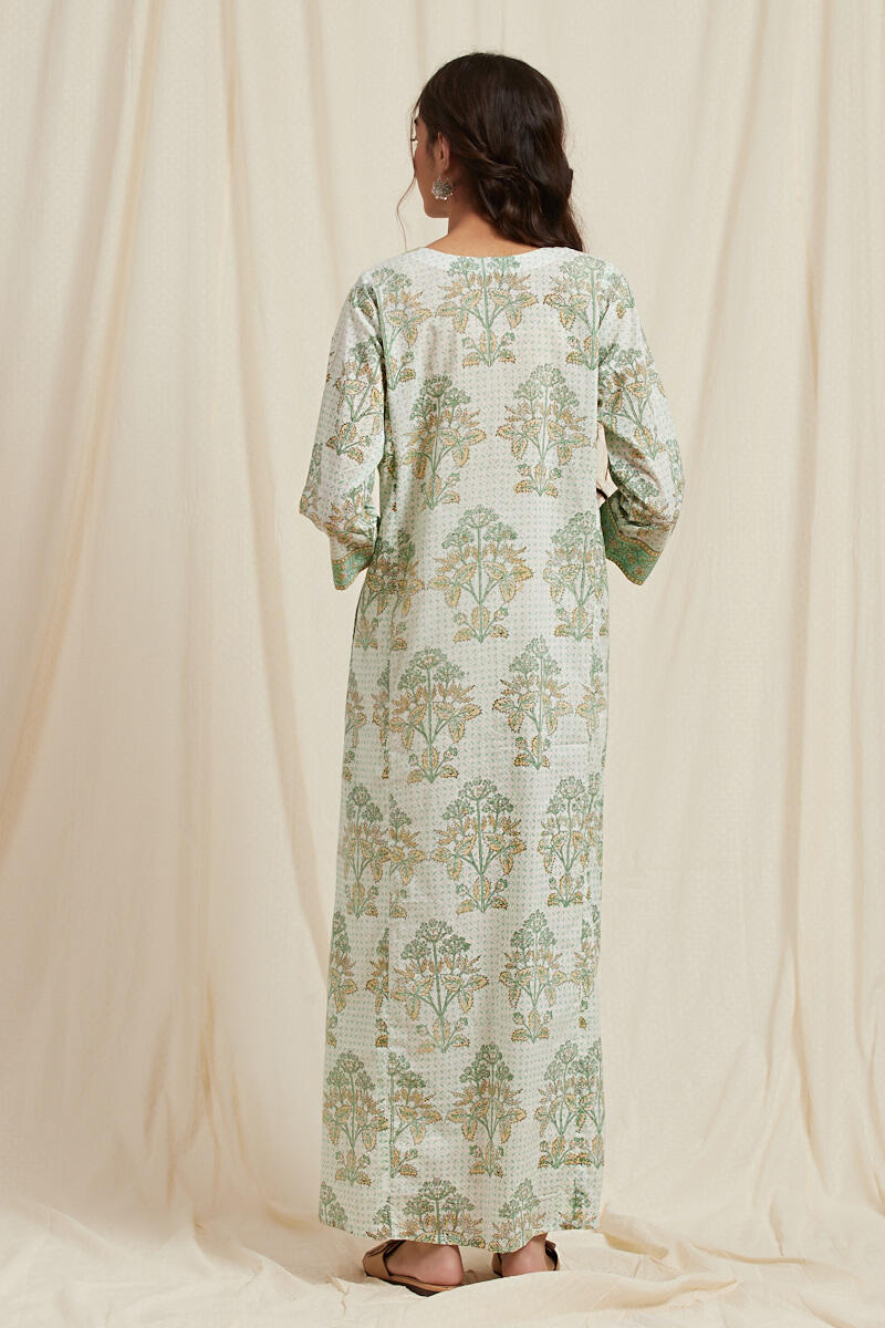 Green Block Printed Cotton Kaftan