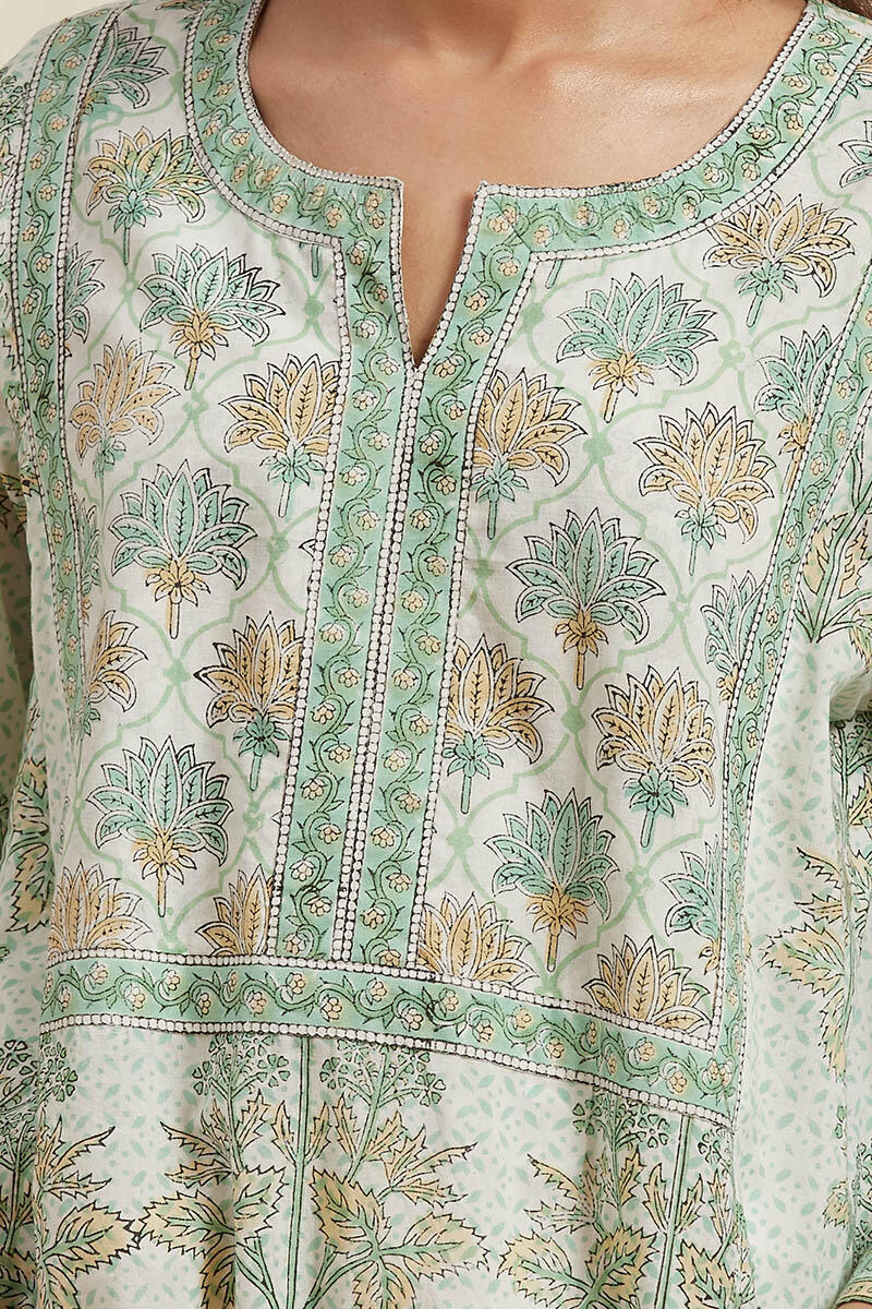 Green Block Printed Cotton Kaftan