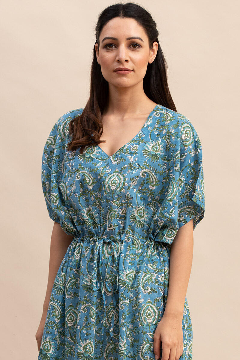Blue Block Printed Cotton Short Kaftan