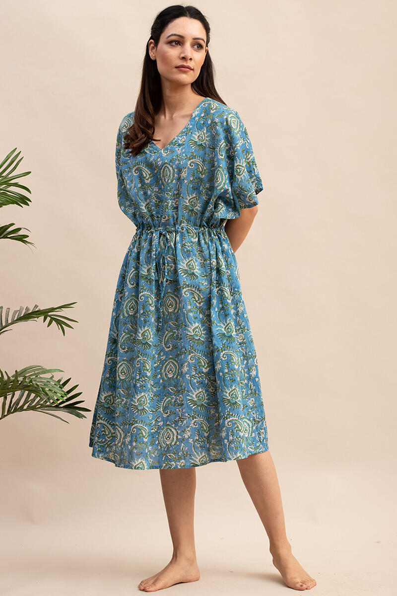 Blue Block Printed Cotton Short Kaftan