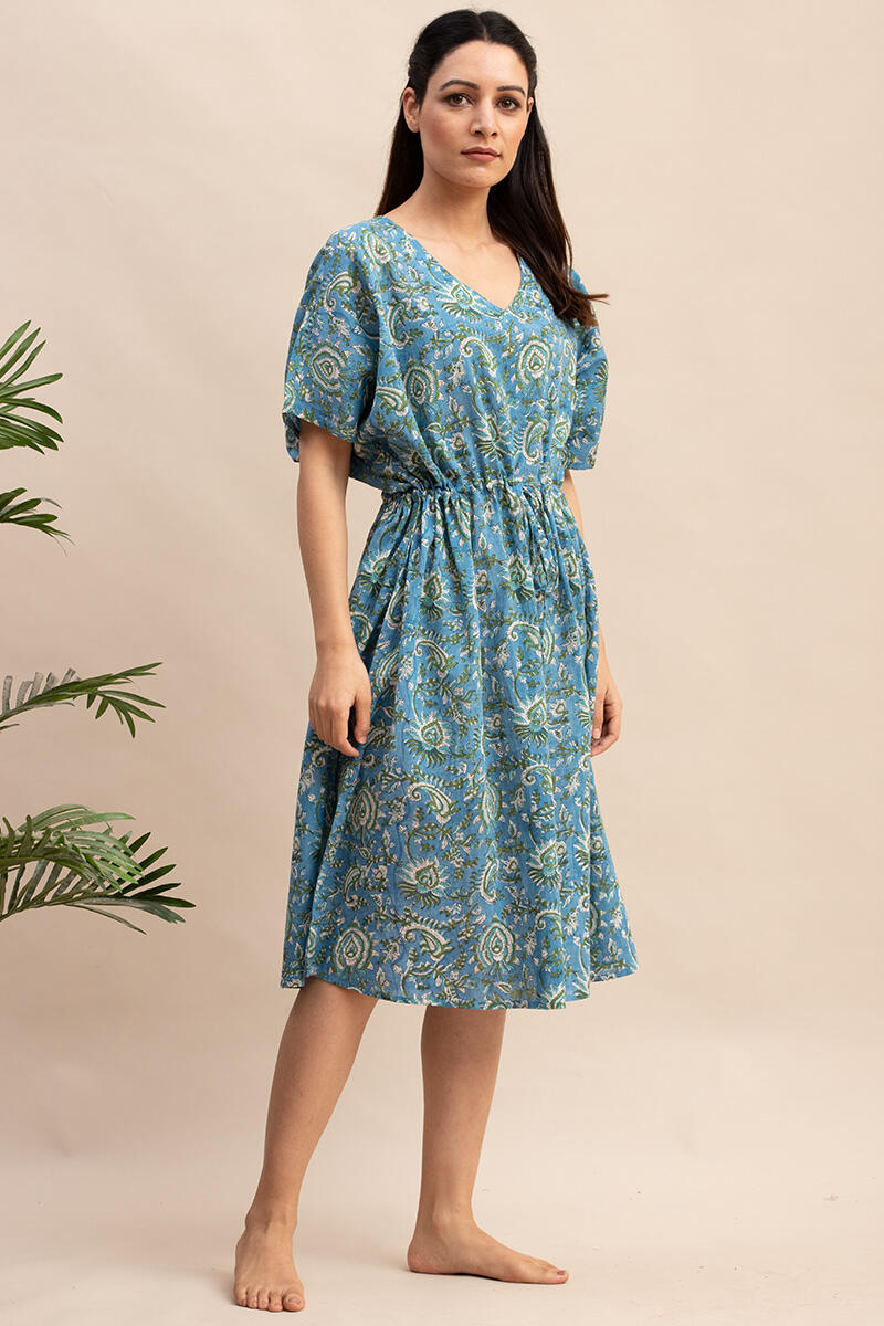 Blue Block Printed Cotton Short Kaftan