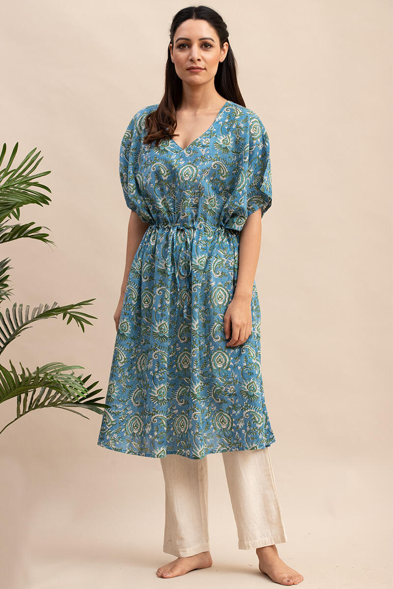 Blue Block Printed Cotton Short Kaftan