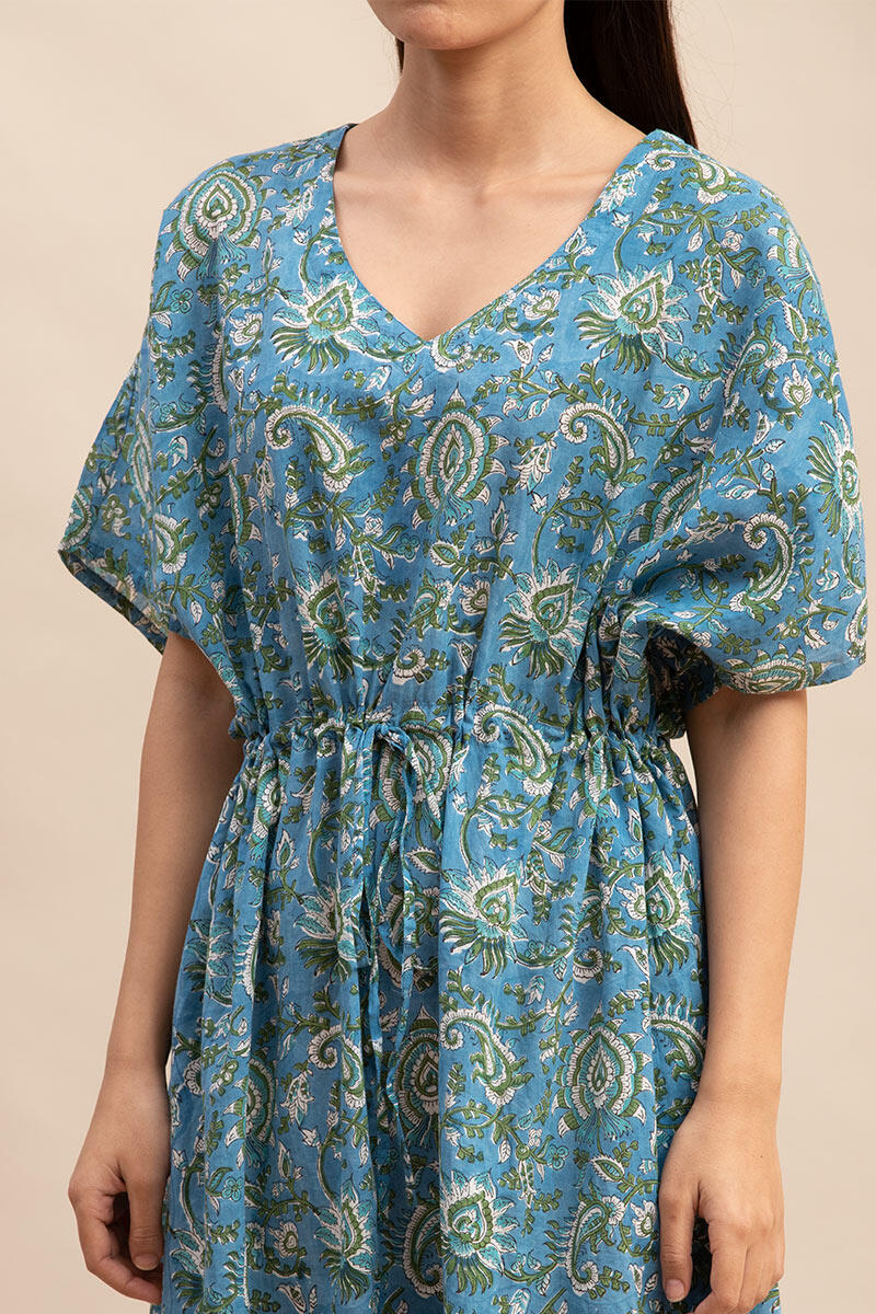 Blue Block Printed Cotton Short Kaftan