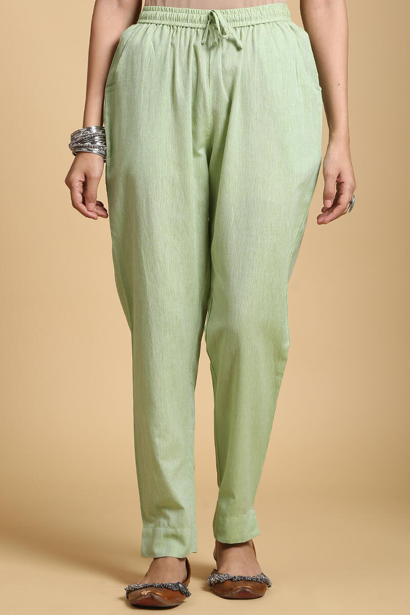 Green Handcrafted Cotton Cigarette Pants