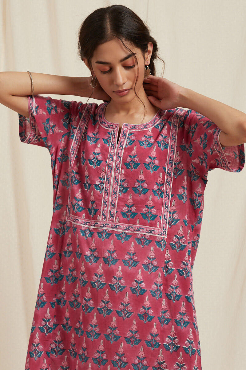 Pink Block Printed Cotton Kaftan