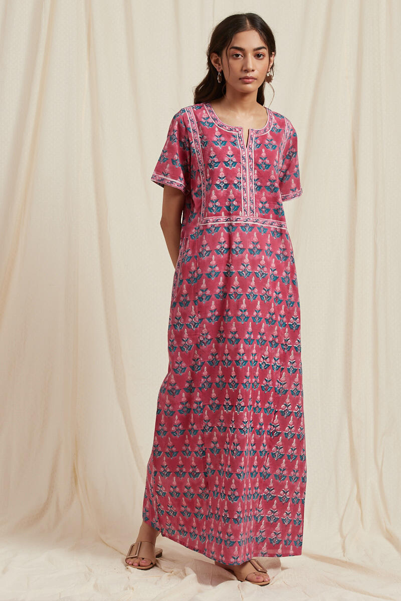 Pink Block Printed Cotton Kaftan