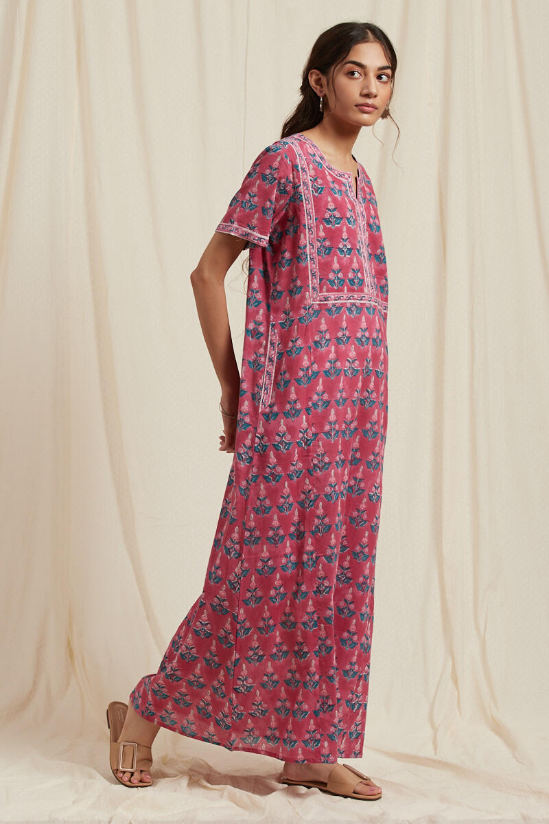 Pink Block Printed Cotton Kaftan