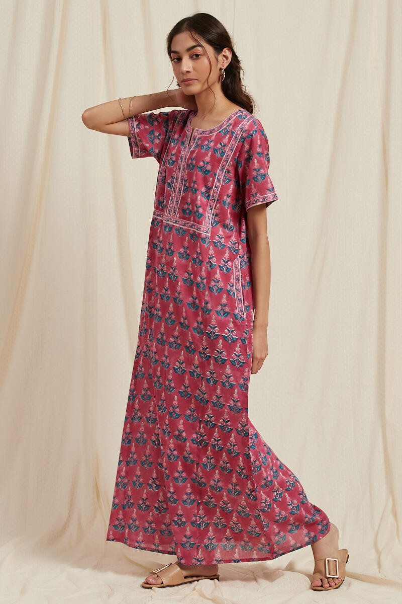 Pink Block Printed Cotton Kaftan