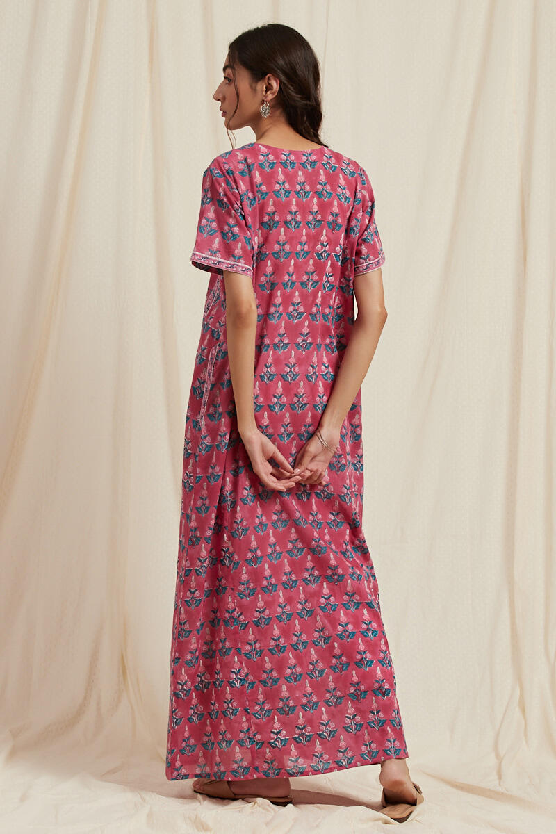 Pink Block Printed Cotton Kaftan