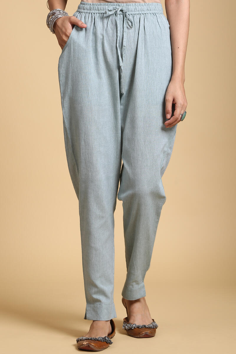 Green Handcrafted Cotton Cigarette Pants
