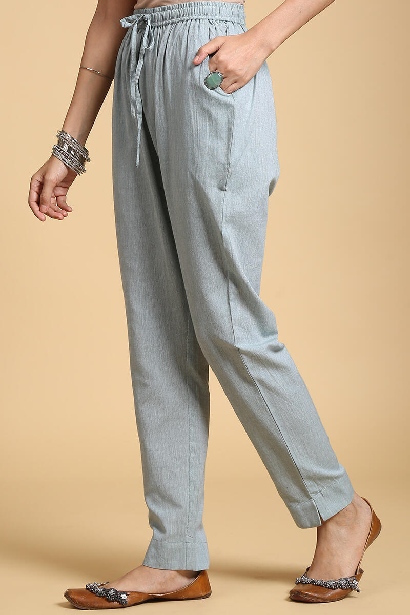 Green Handcrafted Cotton Cigarette Pants