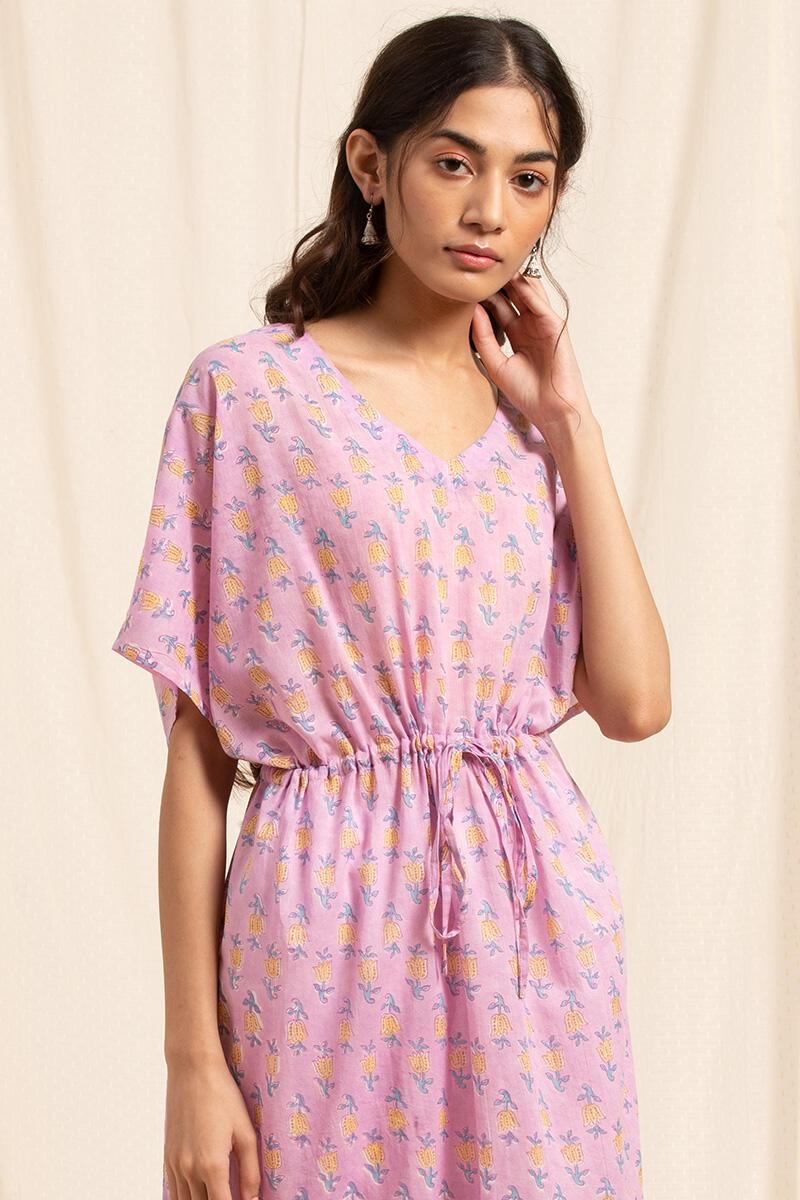 Pink Block Printed Cotton Short Kaftan