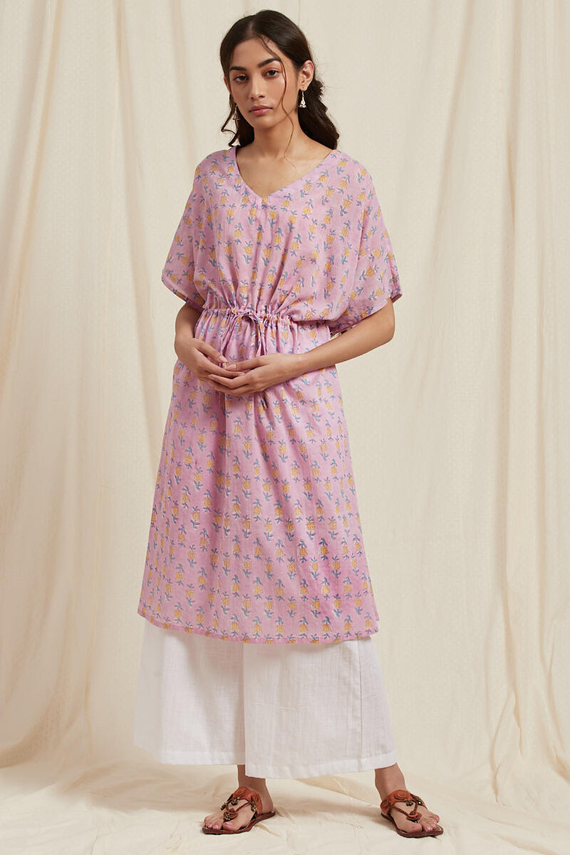 Pink Block Printed Cotton Short Kaftan