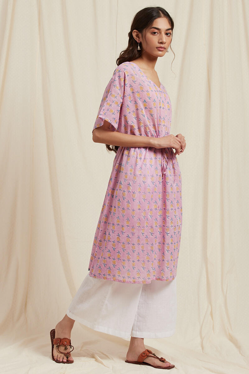 Pink Block Printed Cotton Short Kaftan