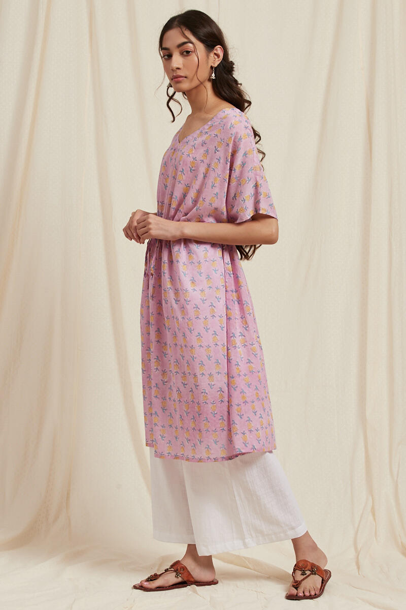 Pink Block Printed Cotton Short Kaftan
