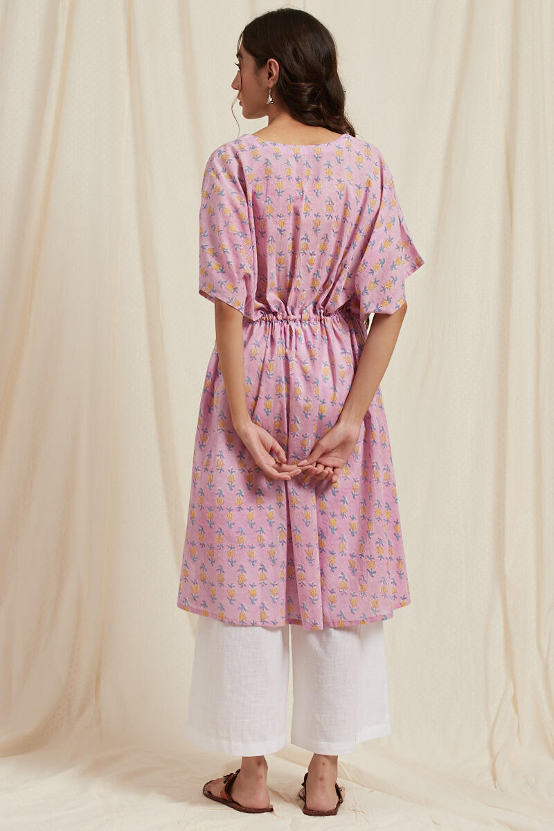 Pink Block Printed Cotton Short Kaftan