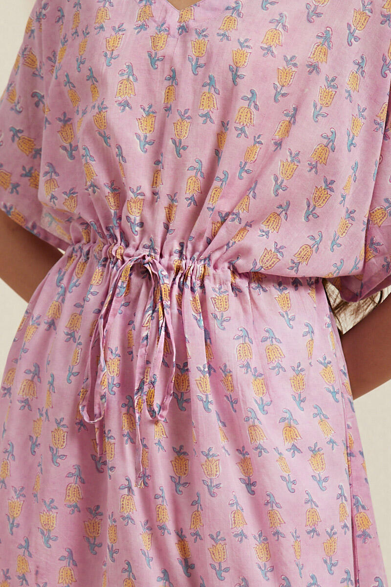 Pink Block Printed Cotton Short Kaftan