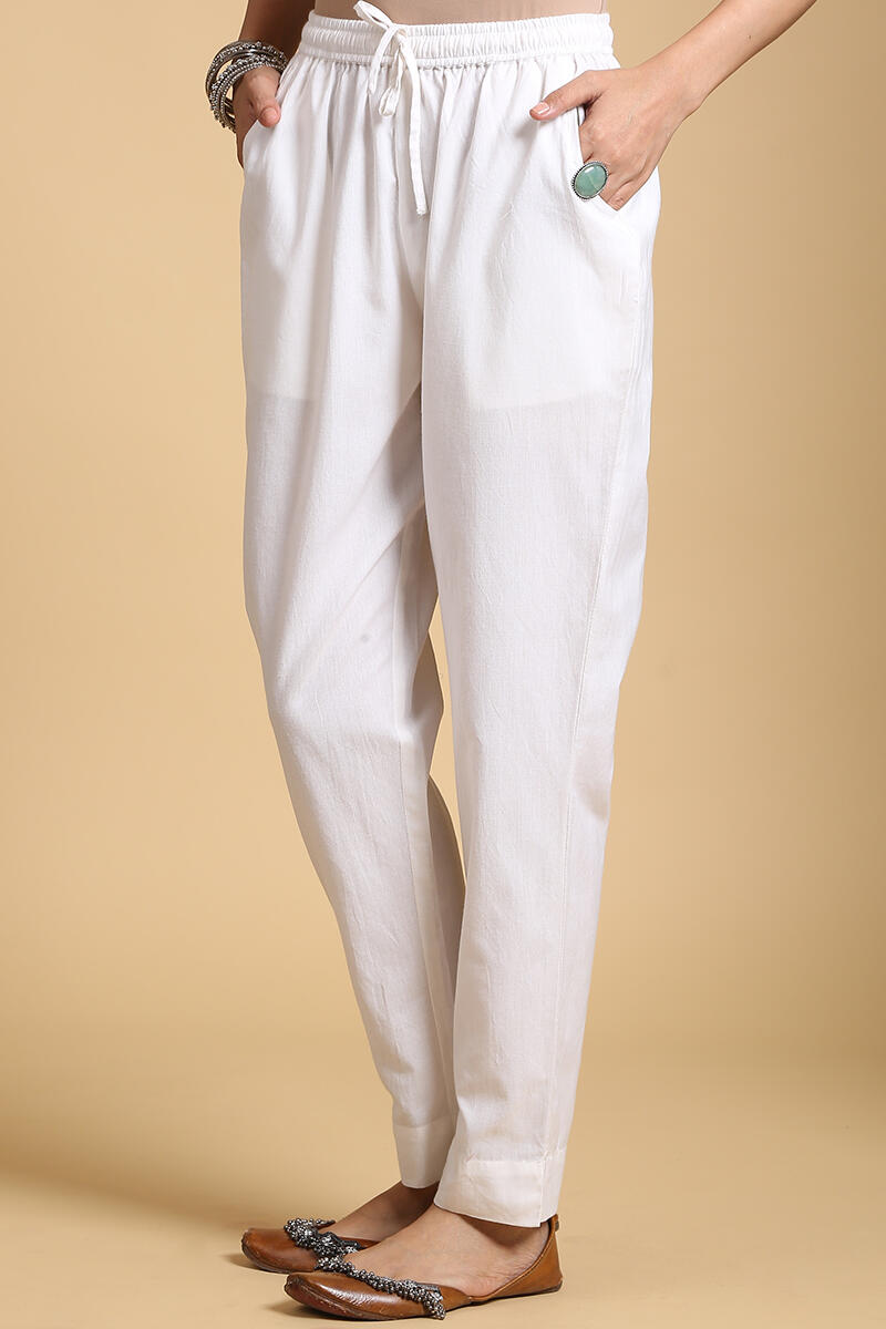 White Handcrafted Cotton Cigarette Pants