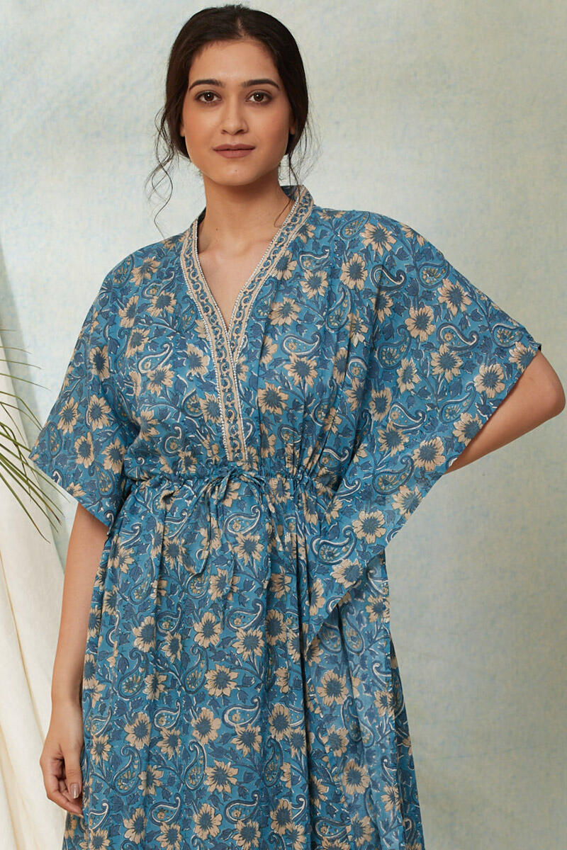 Blue Block Printed Cotton Kaftan