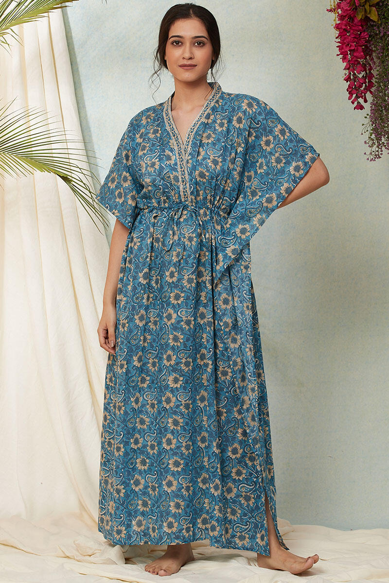 Buy Blue Block Printed Cotton Kaftan FGKF19 33 Farida Gupta