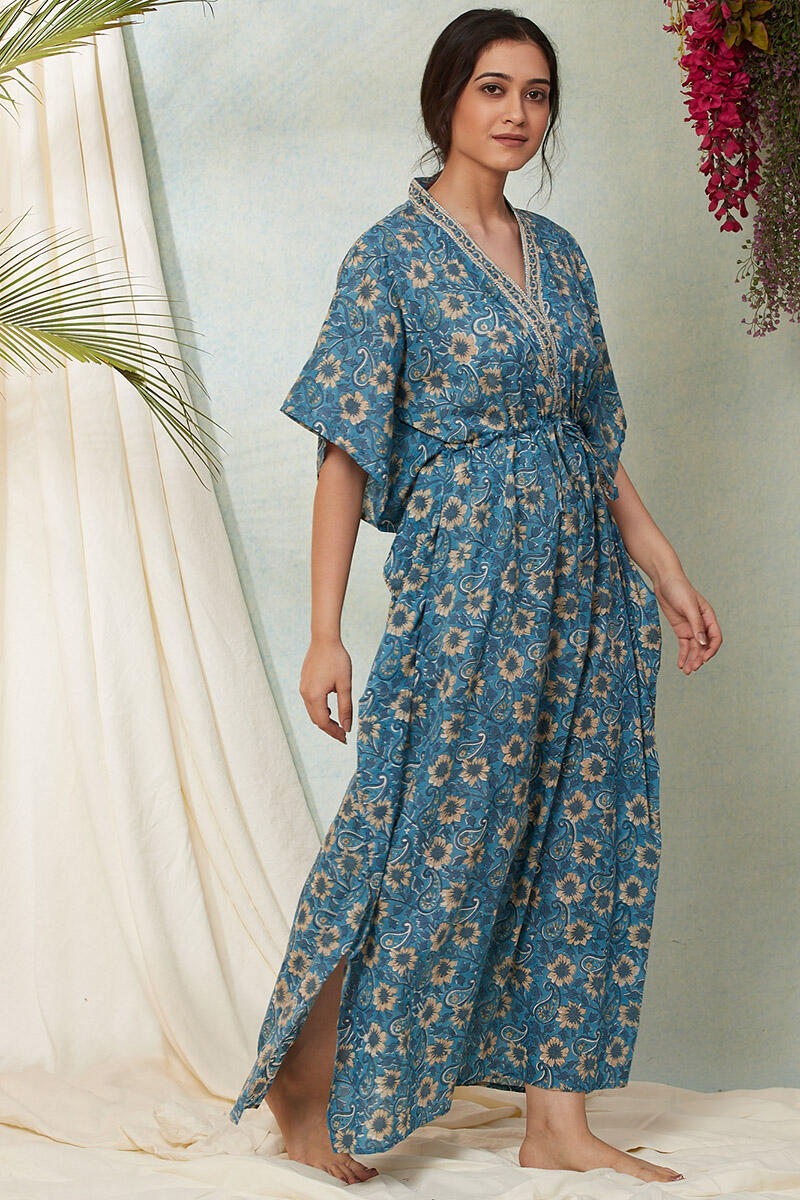 Blue Block Printed Cotton Kaftan